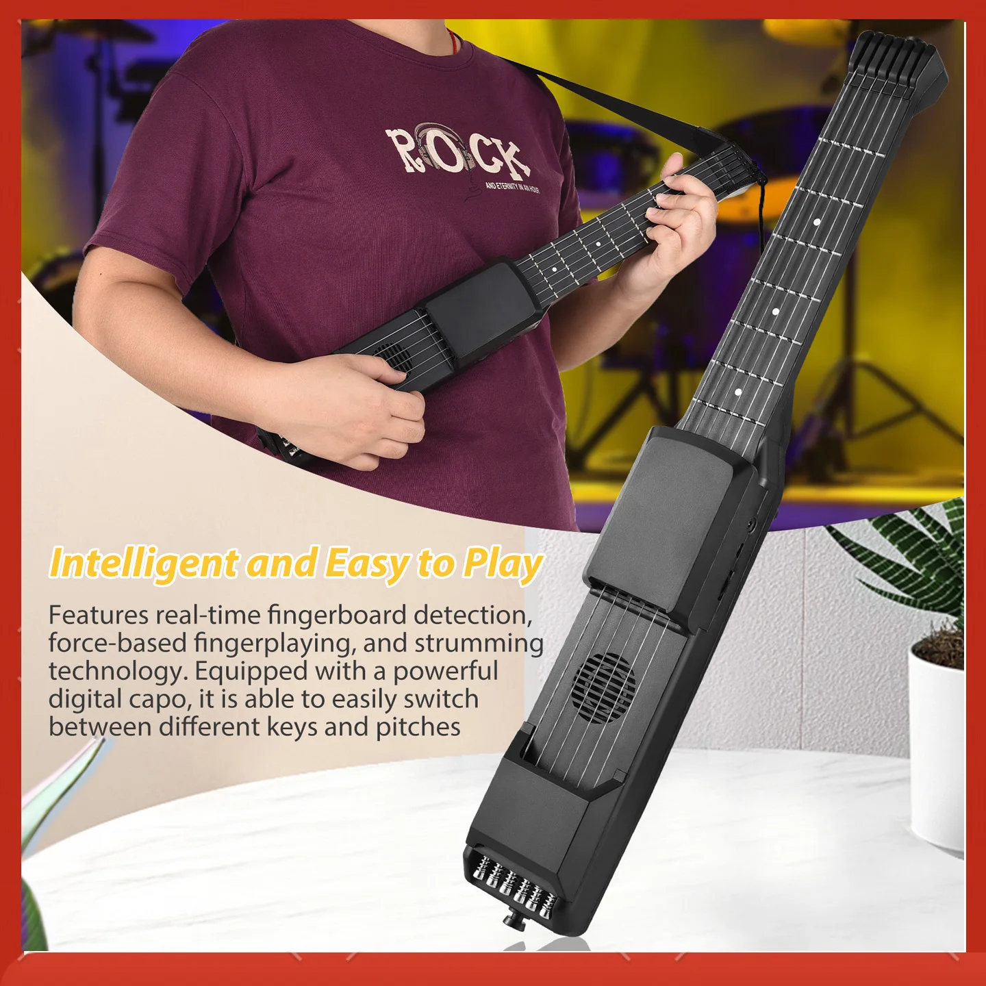 Guitarra eléctrica inteligente de 7 trastes, práctica silenciosa, sintonizador Digital, función de metrónomo, guitarra multifuncional MIDI Folk portátil de bolsillo