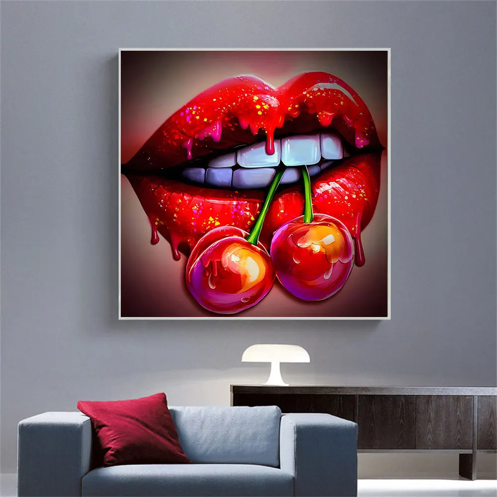 

Cherry Lips Poster Prints Abstract Graffiti Red Lips Pop Art Canvas Painting Wall Art Picture Living Room Home Decoration