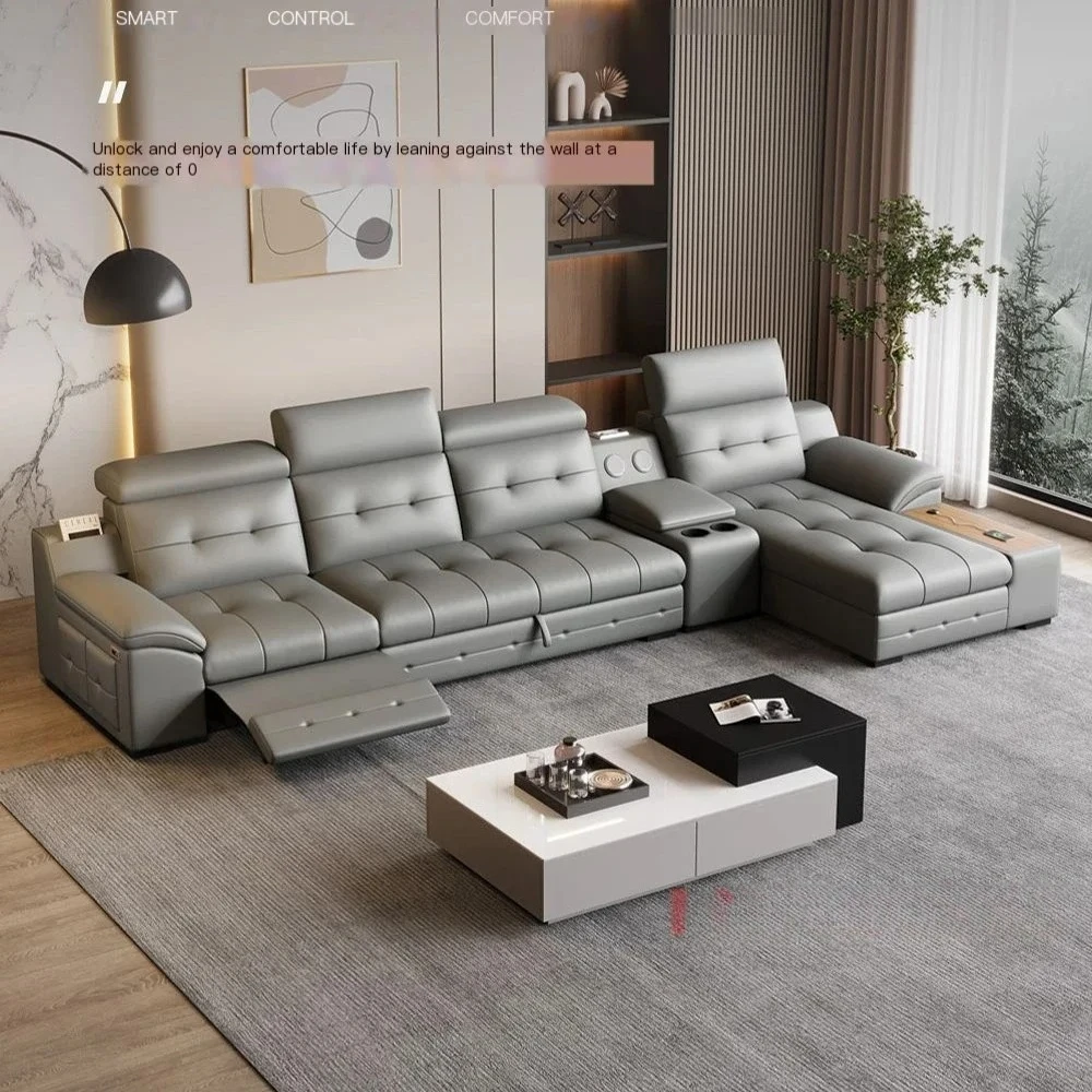 Customizable Electric Reclining Sectional Sofa Bed with Cup Holder & Adjustable Headrests – Italian Genuine Leather Convertible