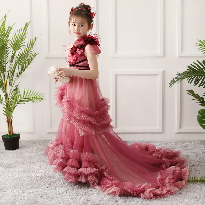 2022 Gold First Communion ชุดเด็ก Evening Applique โบว์ยาวสาวสวมใส่ลูกไม้ Tulle ดอกไม้ชุด