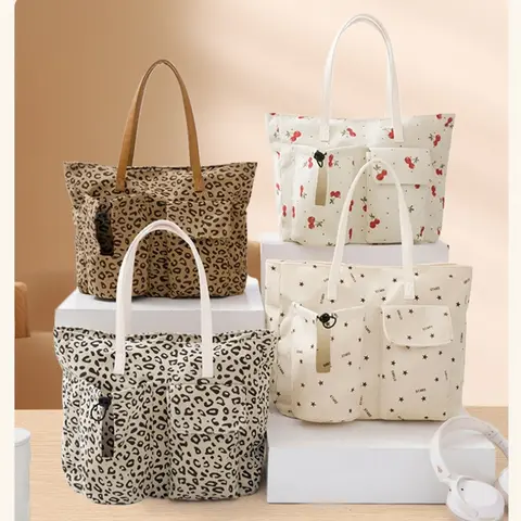 Leopard Pattern Tote Bag with Pocket Vintage Corduroy Shoulder Bag Fashion Big Capacity Handbag for School Work Shopping