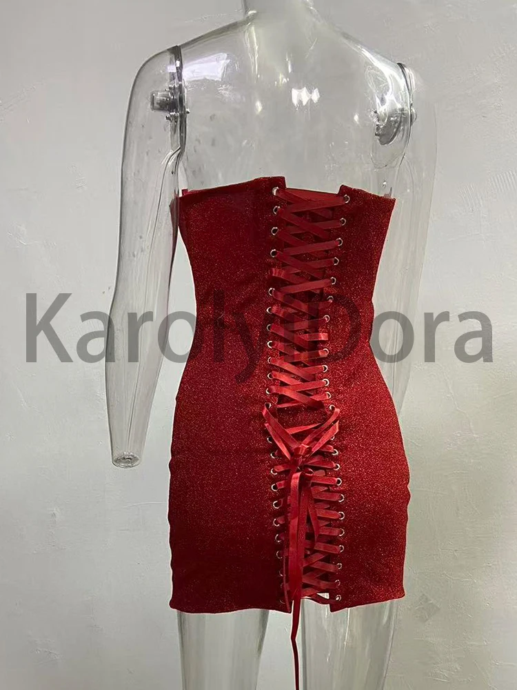 Seksowna bez ramiączek jasna jedwabna sznurowana Mini sukienka damska czerwona czarna bez rękawów Backelss obcisłe sukienki wieczorowe sukienki koktajlowe