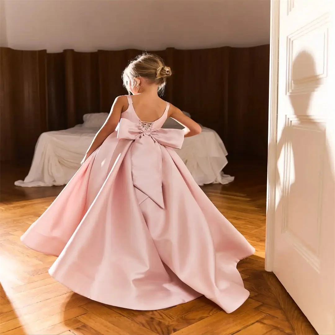 맞춤형 성찬식 블러쉬 핑크 플라워 걸 드레스 웨딩용 새틴 소녀 생일 파티 드레스 청소년용 바닥 길이 성찬식 드레스