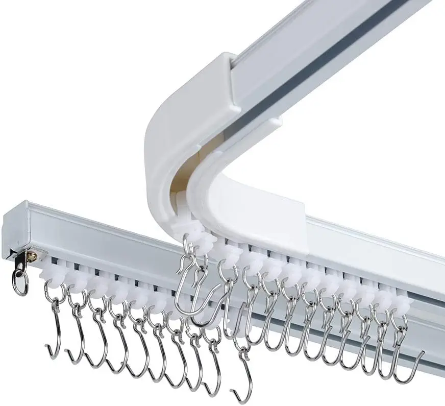 9-12 ft Ceiling Curtain Track with Hooks for Room Dividers, White | Aluminum ceiling-mount curtain rail with hooks, brackets
