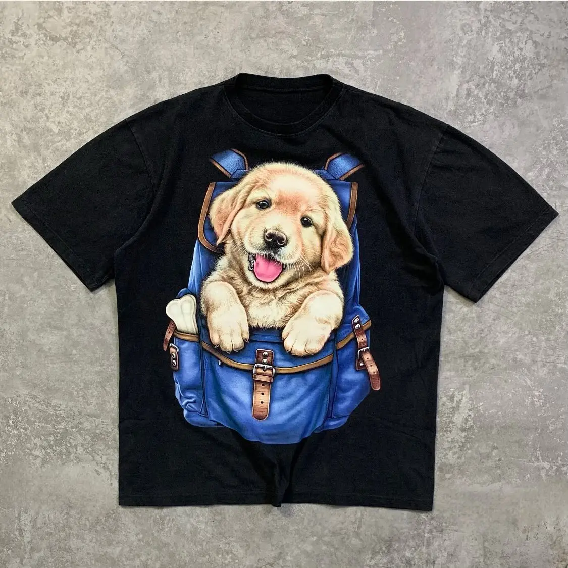 Cute Golden Retriever Puppy Illustration T-Shirt Loose Fit Short Sleeve Retro Style Unisex Breathable Cotton round Neck Dog T...