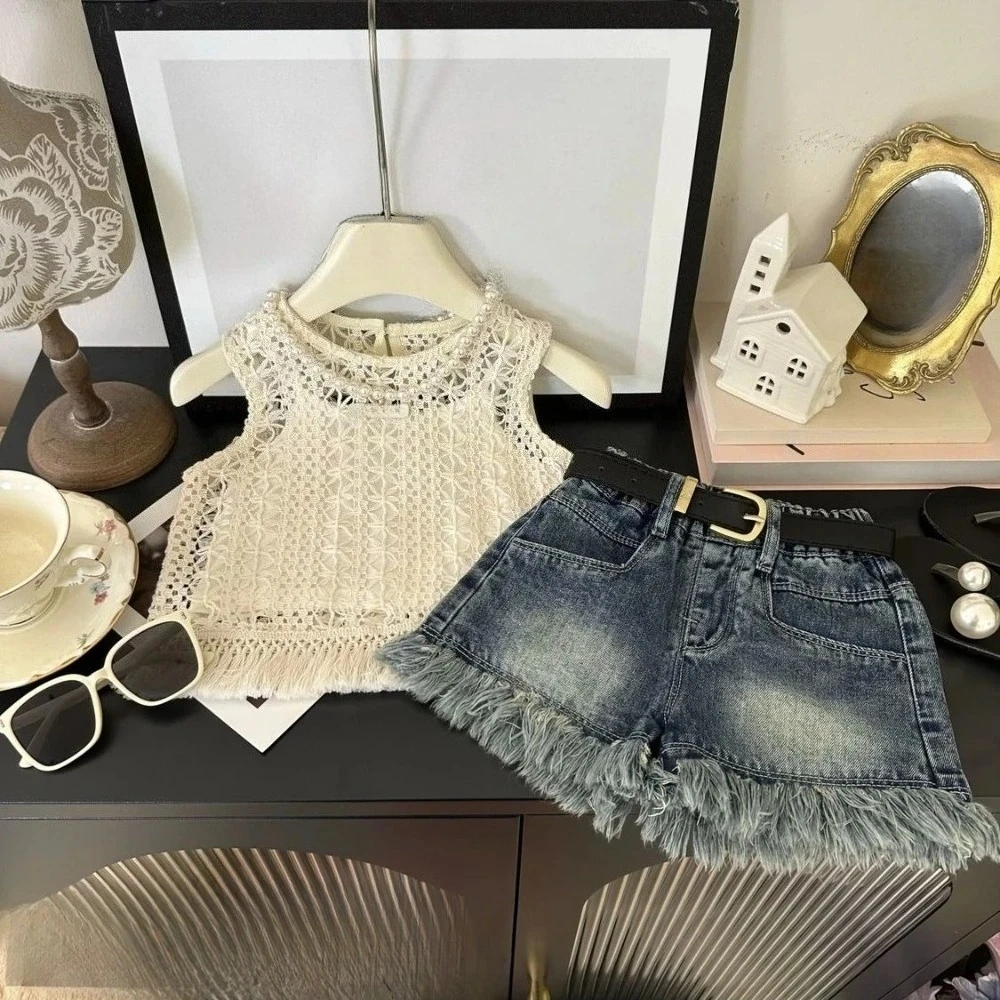 

Летняя корейская версия, полый жилет для девочек + топ на подтяжках + джинсовые шорты, комплект из 3 предметов, детская модная одежда, От 3 до 7 лет