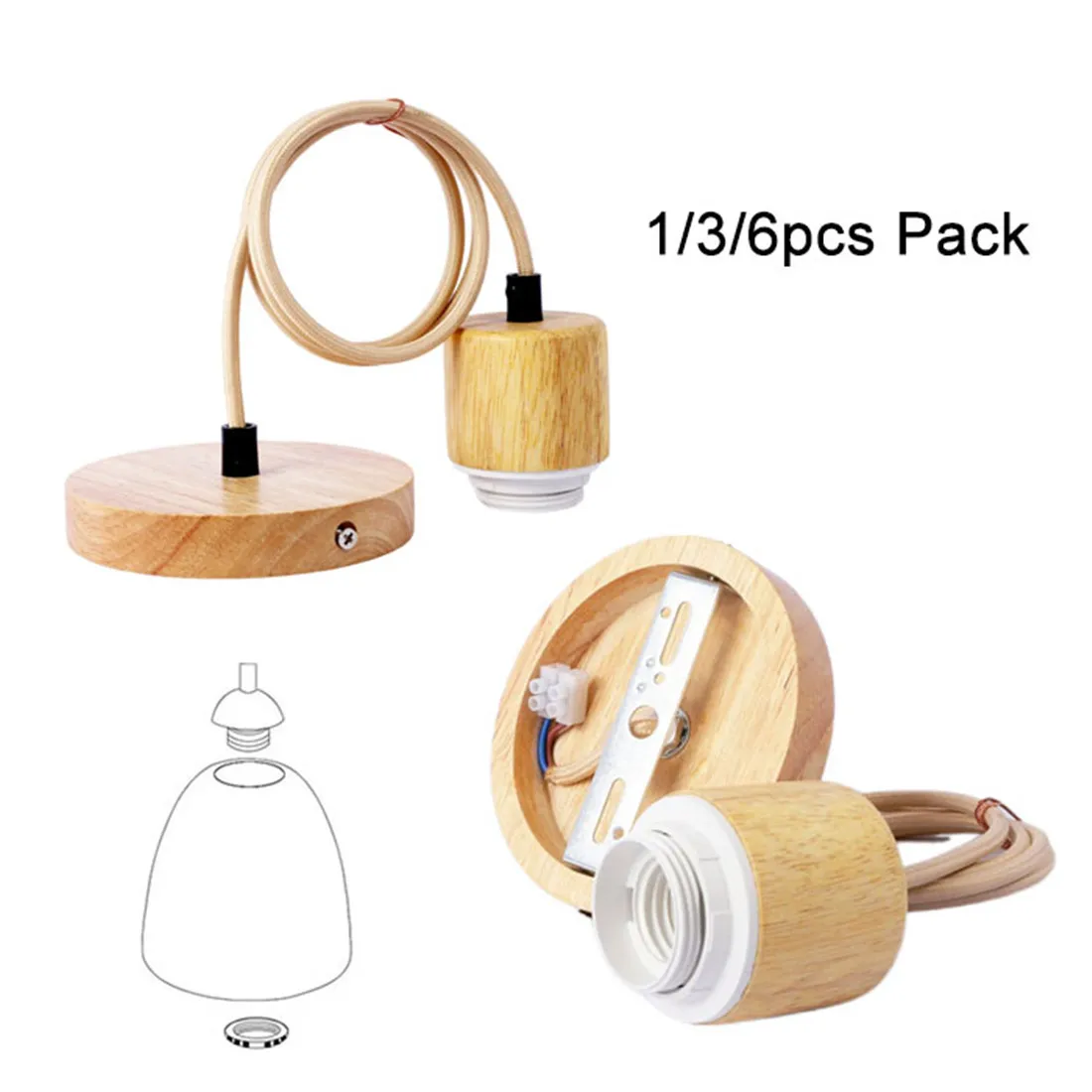 

1/3/6pcs Height Adjustable E27 Lamp Shade Holder Kit, Wood Pendant Hanging Wire Socket with E27 Screw Ring to Fix Lampshade