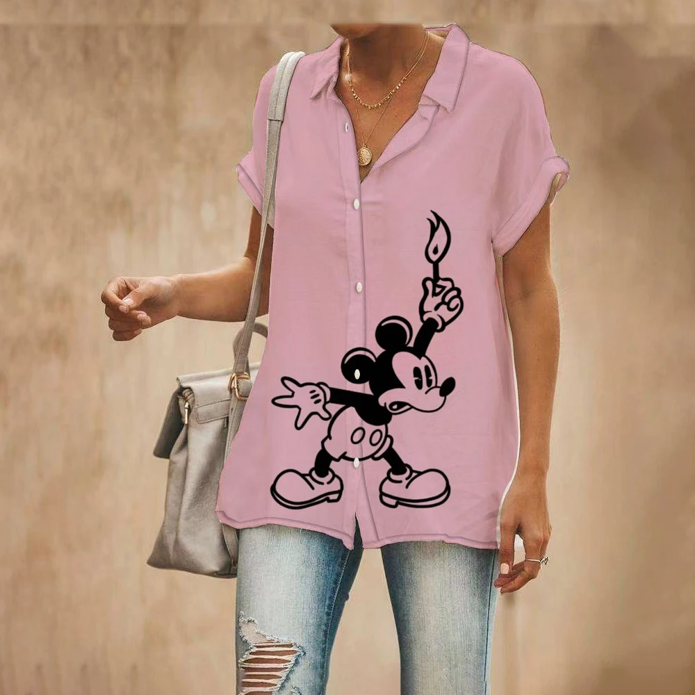 Summer New Street Style Disney Brand Mickey And Minnie Anime Short Sleeve Shirt Fashion Casual Ladies Harajuku Kawaii Top Y2k