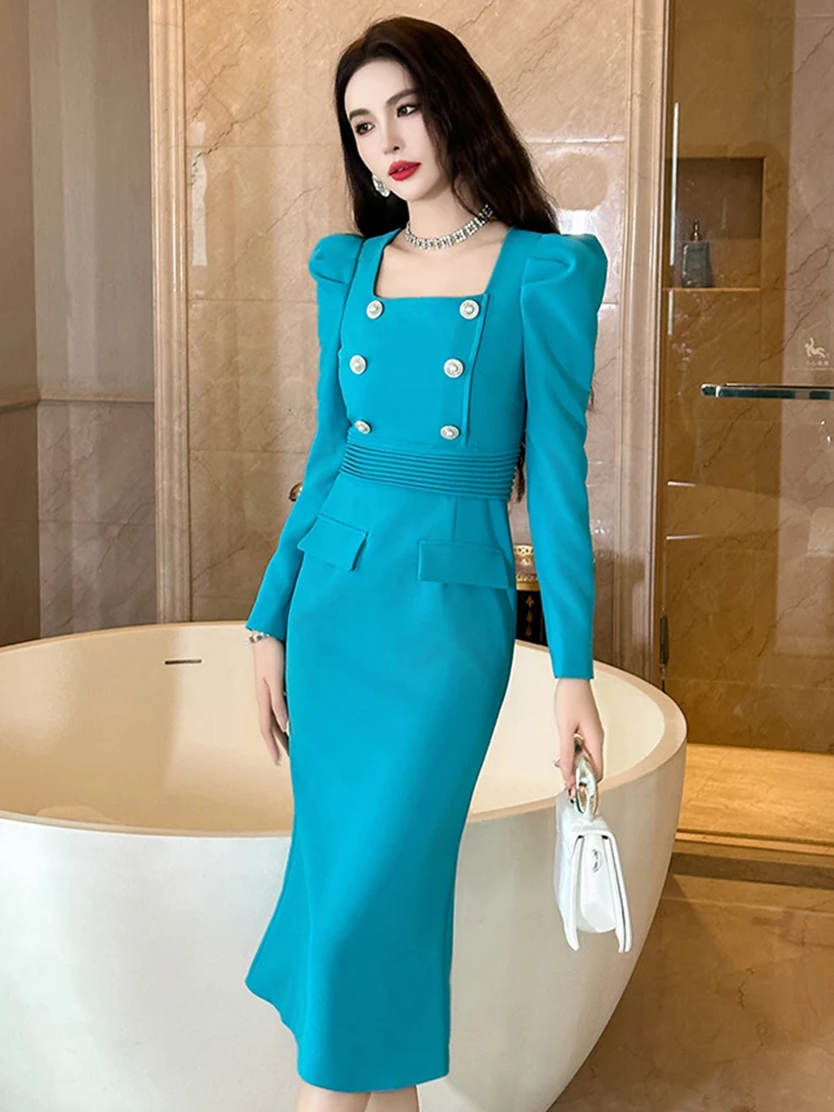 New Fashion Elegant Women\'s Blue Dress Commuter Professional Style Double Breasted High Waist Robe Business Office Lady Vestidos