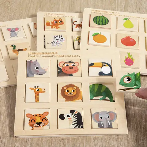 Wooden Logical Thinking Matching Puzzle Cognitive Board Montessori Teaching Aid Fruit Animal Pairing Board Educational toys