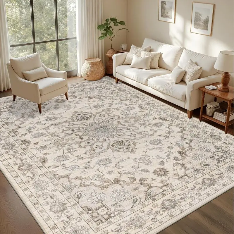 VIKAMA Large Area Rug Cream Gold Beige Floral Persian Vintage Pattern Soft Washable Non Slip Floor Mat Couch Home Decor