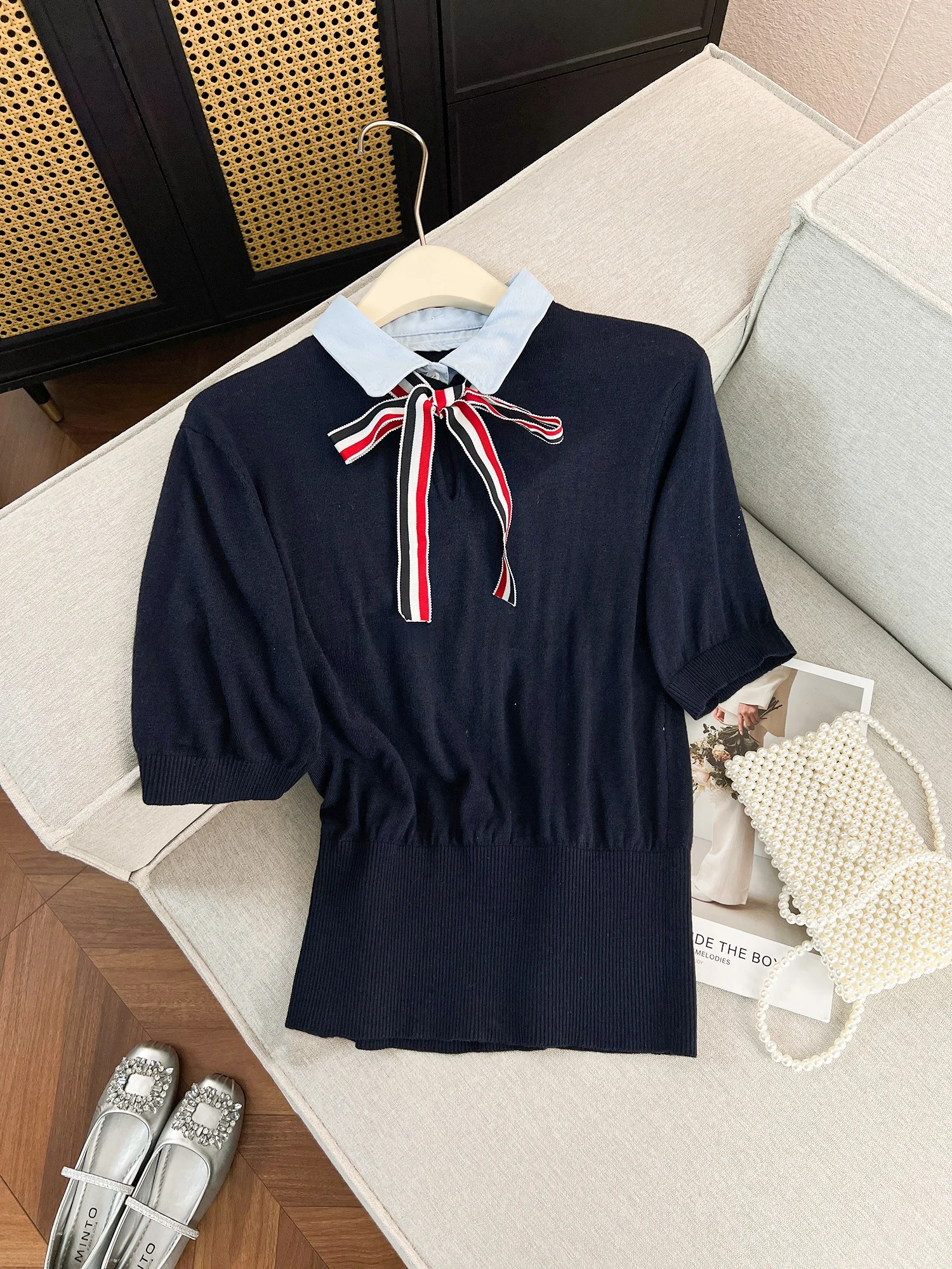 

Faionable Summer New Sle Versatile Slimming Knot Color Blo Collar ort Sve Knitted Top Women's French S...