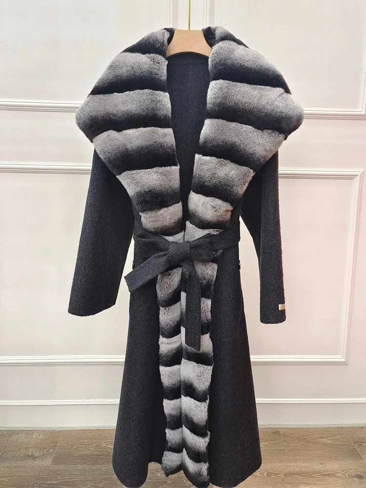 

2024 New Arrival Winter Female Lady's Long Woolen Jacket Overcoat Rex Rabbit Collar Women Slim Belt Long Woolen Jacket Coat