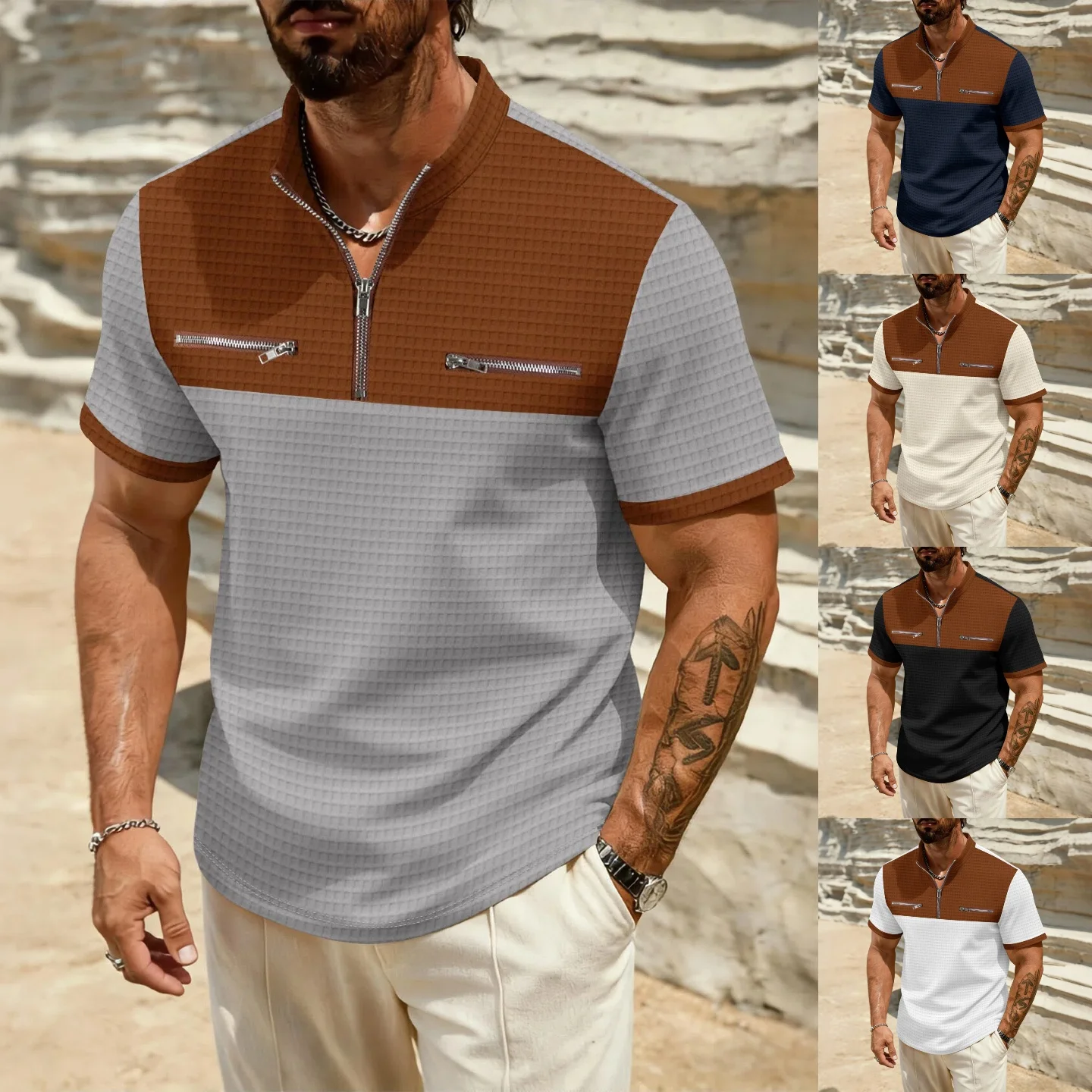 

Summer men's new style fashionable casual urban texture trend light and trendy patchwork zipper casual stand-up collar shirt