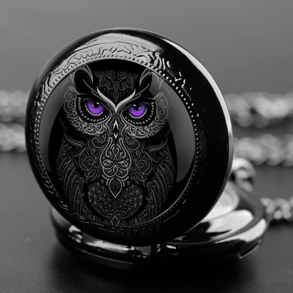 Owl Design Special Gift Glass Dome Arabic Numerals Quartz Pocket Watch Necklace Pendant Clock Chain Men Women Gifts