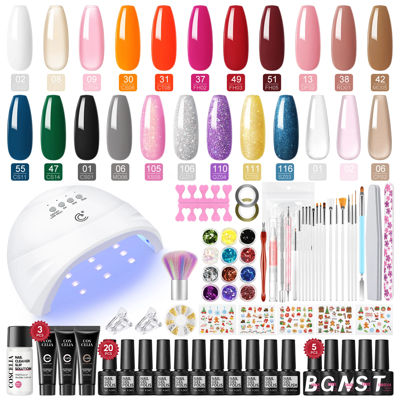 Coscelia Nail Beginner Set 20PCS Nagelgel Polish 7ML 3PCS Poly Extension Gel 16ML en nagellamp Droger Kerstcadeaudoos