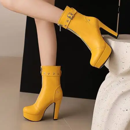 Brand Female Ankle Boots Round Toe Block High Heels 12cm Platform Zipper Belt Buckle Plus Size 49 50 Sexy Dating Bota 2024