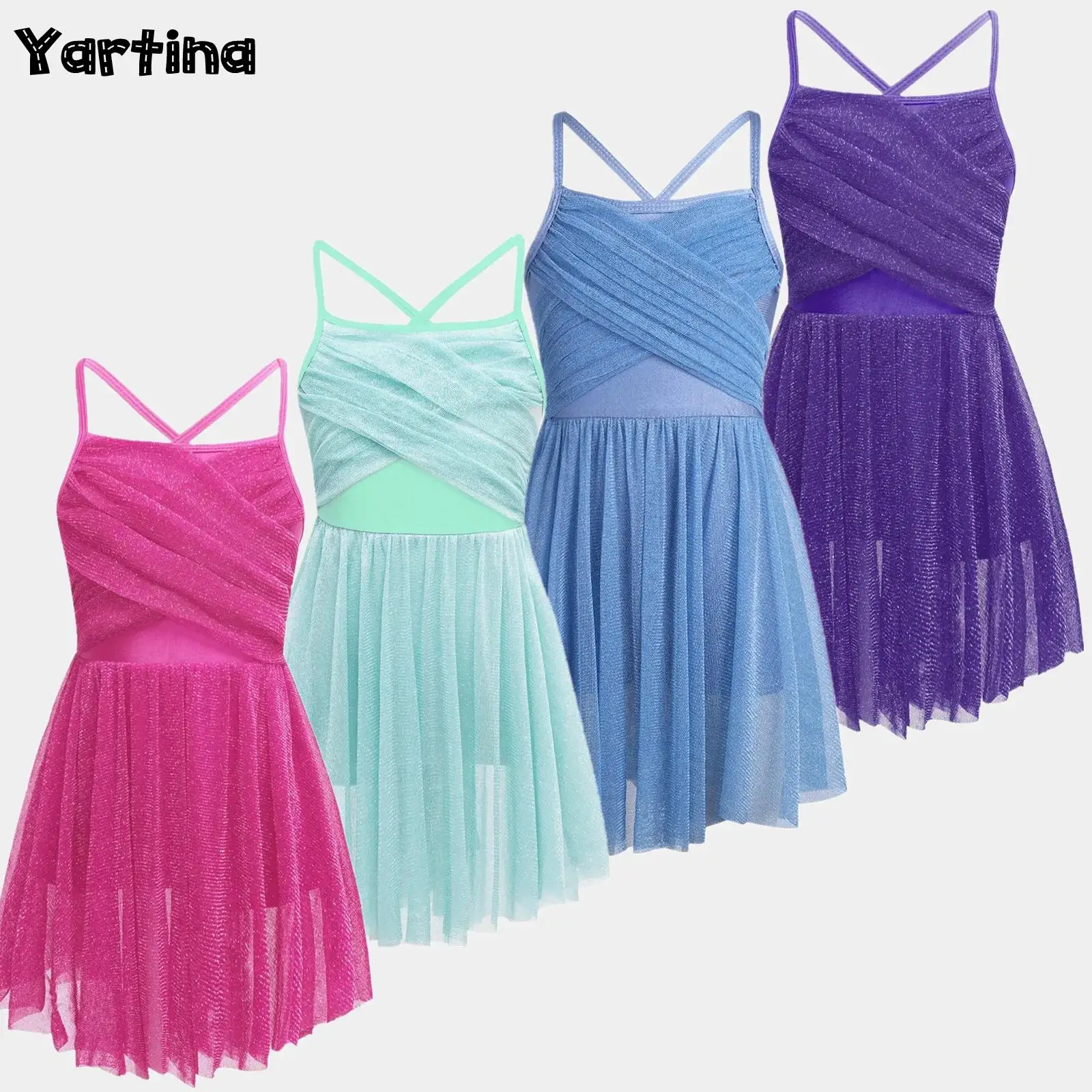 

Kids Girls Glittery Gymnastics Artistic Figure Ice Skating Ballet Jersey Lyrical Dance Leotard Costume Ballet Latin Dance Dress