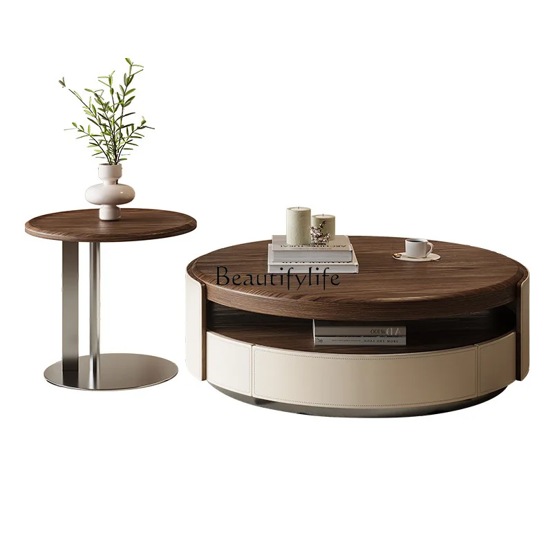 Light luxury minimalist retro style round coffee table combination high-end wood grain saddle leather coffee table