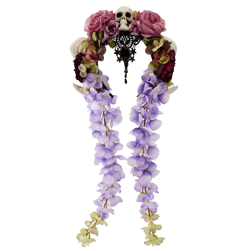 Gothic Retro Schapenhoorn Hoofdband Geitenhoorn Bloemen Haar Hoepel Sluier Schedel Bloem Kwastjes Hoofddeksels Halloween Decoratie Rekwisieten Jurk