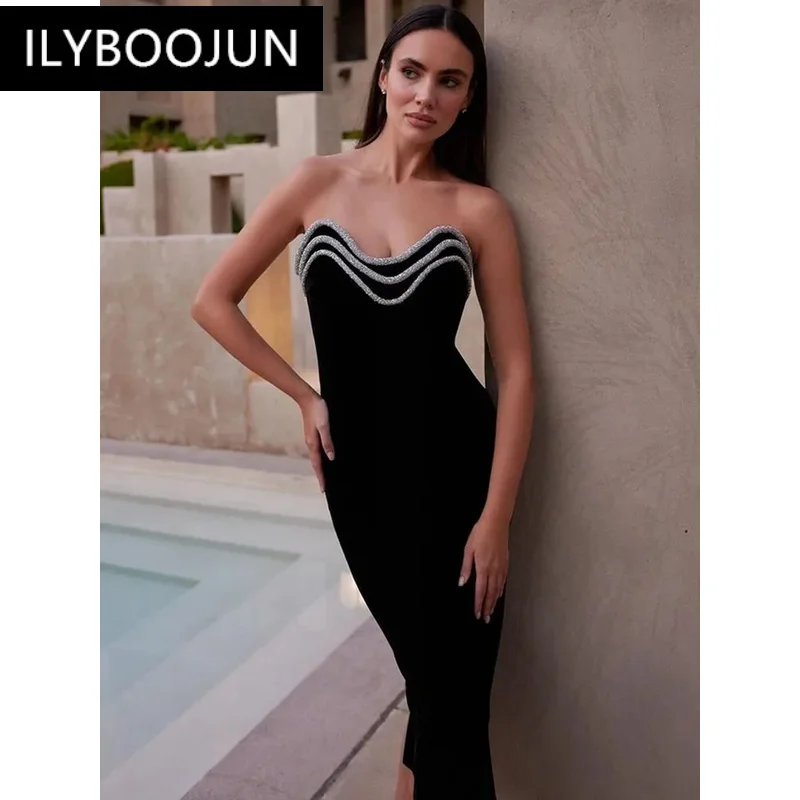 BYSexy Strapless Backless Diamonds Black Midi Bodycon Bandage Club Party Outfit Dresses For Women 2024 Luxury Brand High Quality