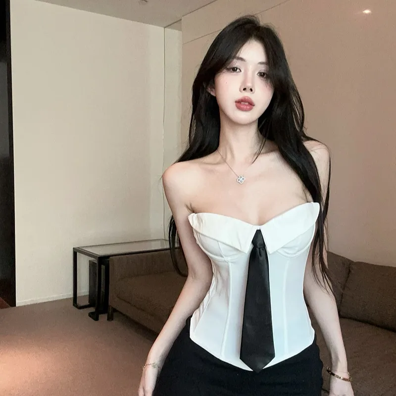 Pure Desire White Collar Tube Top Vest Women Summer Design Slim Fit Irregular Fishbone Base Shirt Female 18-24 Years Old