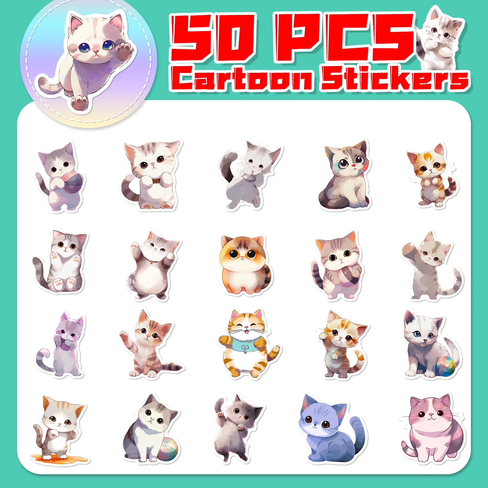 50pcs Cute Cat Stickers, Kawaii Waterproof Stickers for Water Bottles Laptop Phone Skateboard, Gift for Birthday Party