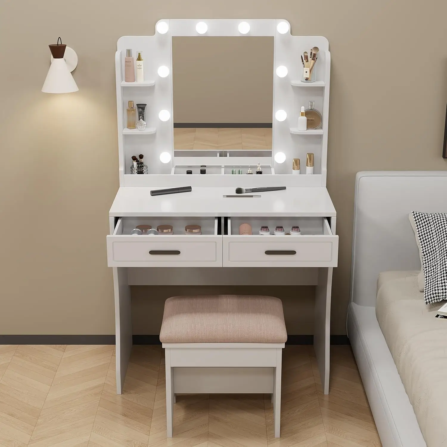 Vanity dengan lampu Makeup meja rias dengan lampu Set Vanity Girls dengan cermin dan bangku dan lampu Make Up meja rias