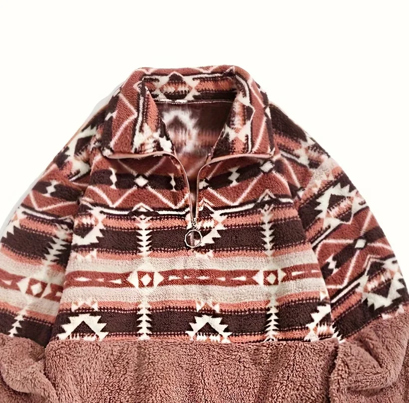 European and American fashion new Aztec geometric zipper design Teddy sweater girl
