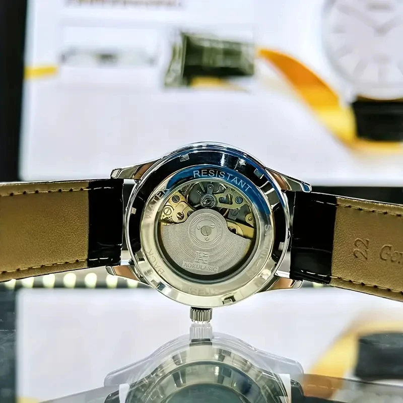Genuine Men's Mechanical Watch with a Starry Sky Dial and Colorful Gemstones, Automatic Winding, Leather Strap with Butterfly Clasp, Alloy Case, Elegant Accessory for Casual or Formal Occasions, Skeleton Design, Perfect Gift for Father's Day or Graduation, the Best Gift for Him, Men's Watch | Elegant Watch | Gemstone Embellishment