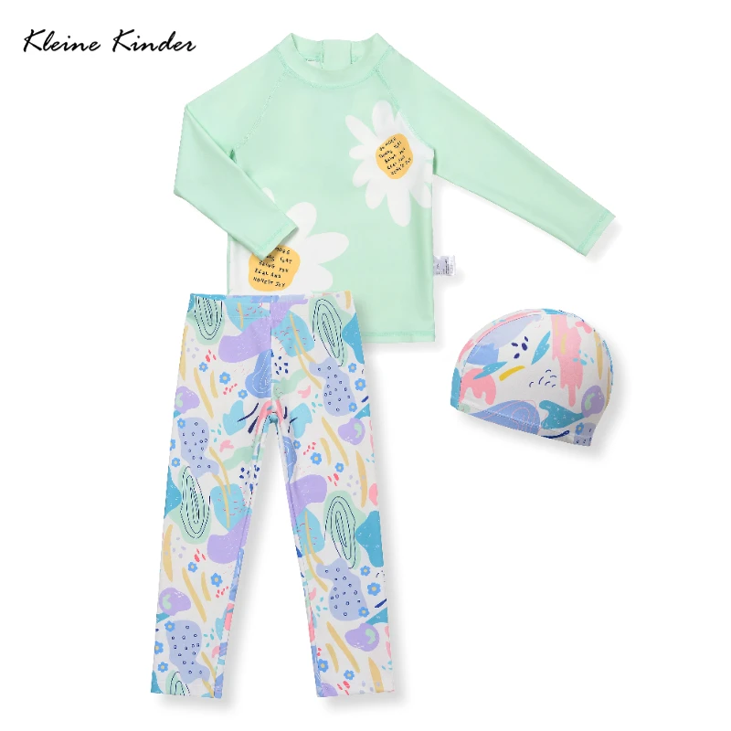 Girls Swimsuits 3 Piece Long Sleeve Bathing Suit Set Cute Swimwear with Surf Pants Beach Sun UV Protection Sunsuit 5-16 Years