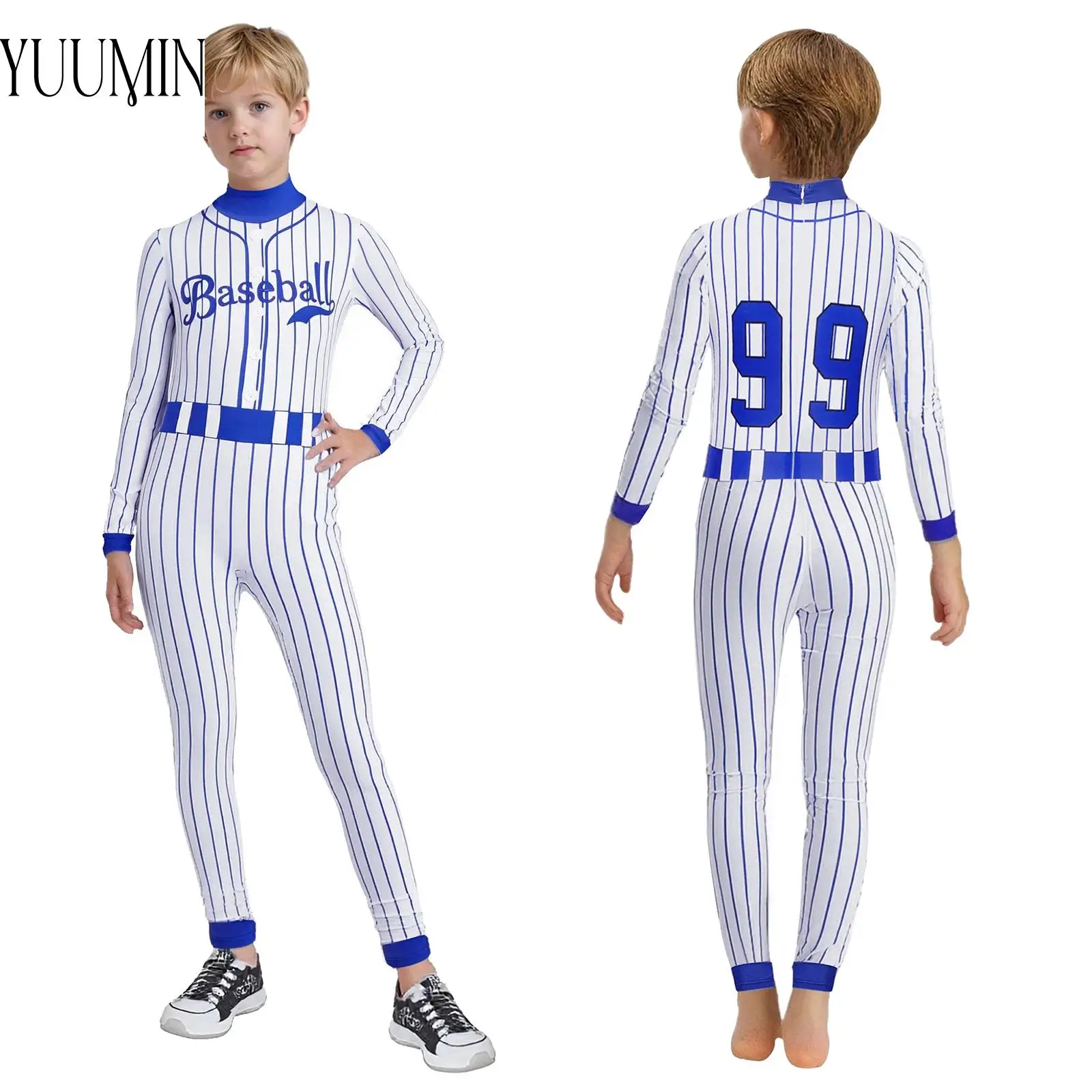 

Kids Boys Girl One-piece Sports Suit Baseball Jumpsuit Striped Athletic Bodysuit Long Sleeve Zipper Full Body Leotard Sportswear