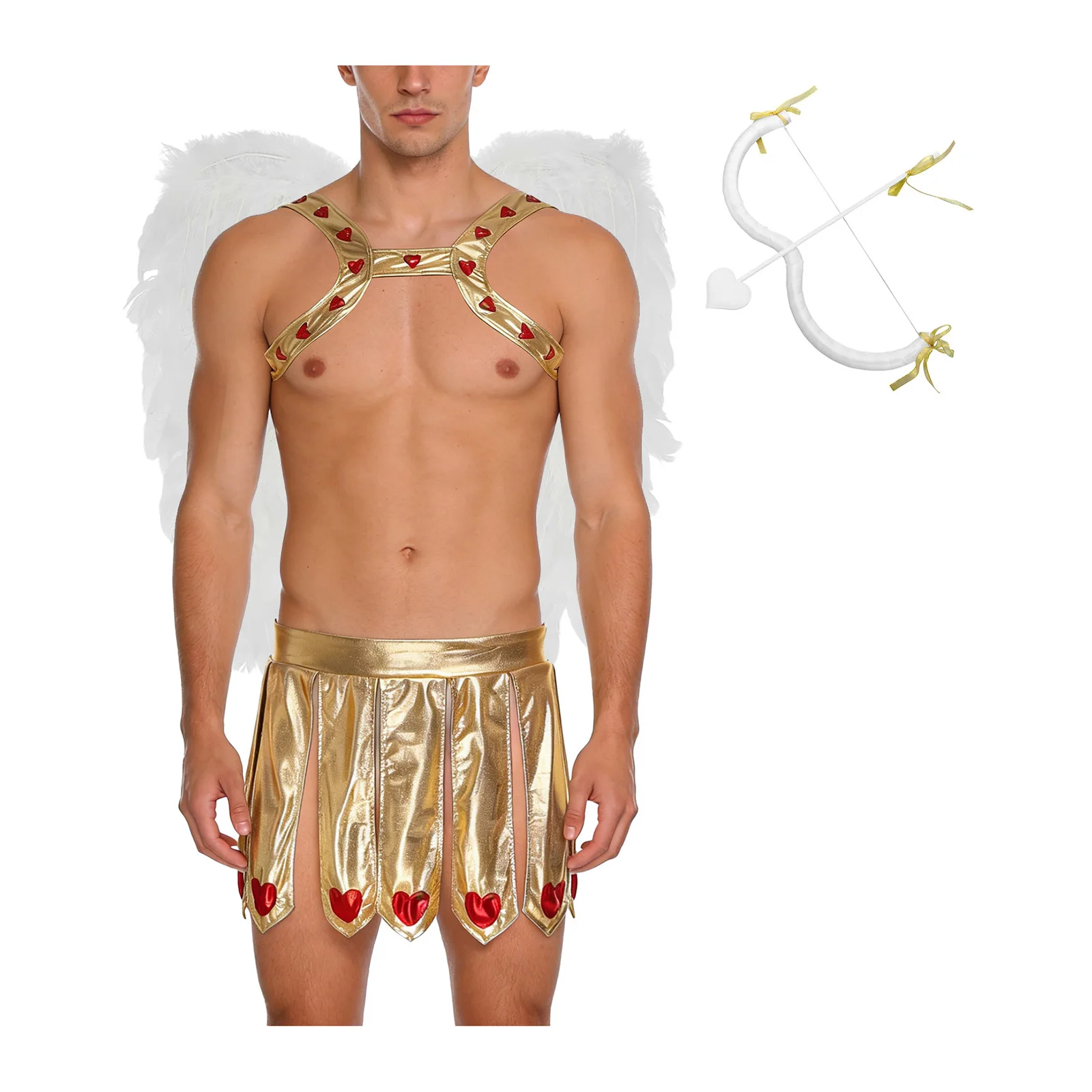 

Men Halloween Carnival Valentine Cupid God of Love Cosplay Costume Metallic Heart Print Chest Harness Slit Skirt Bow Arrow Wings