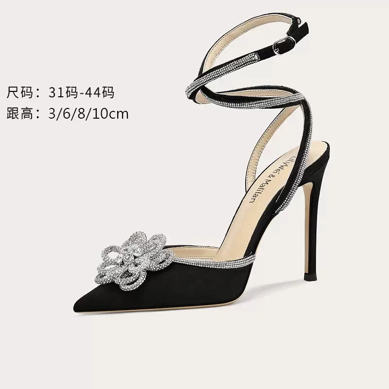 

Spring and Summer Pointed Suede Rhinestone Flower Slim Sandals Slim High Heel Party Dress Large and Small Women's Single Shoes