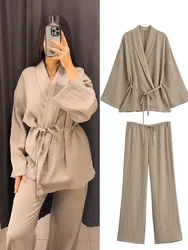 2024 Plain Color Suit for Women Kimono Style Outerwear with Deep V Lapel and Pants Casual 2-Piece Long Sleeve Set Fall 2024