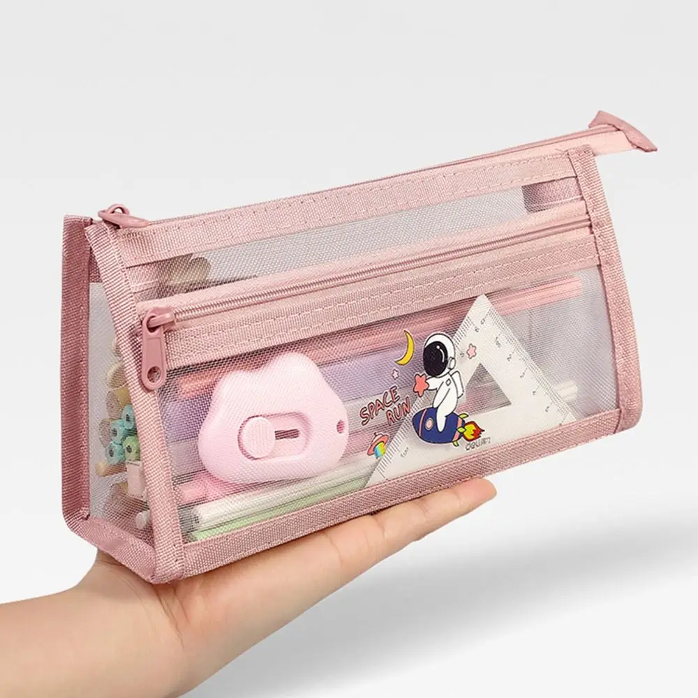 Bolsa de caneta de malha durável, base triangular, grande capacidade, bolsa de papelaria, transparente, presente