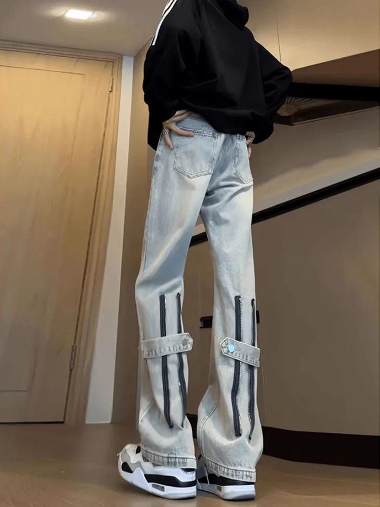 

American High Street Zipper Workwear Jeans Men's Spring Autumn Trendy Brand Haome Street Sle Slim Straight Leg Jeans