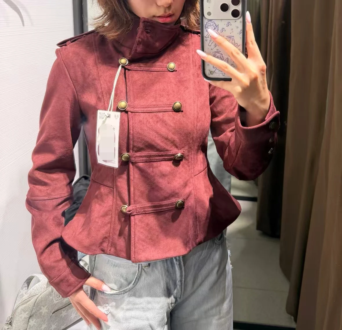 Guobioziy 2026 Women's Jacket Fall New Wine Red Long-Sleeve Stand Collar Rope Knot Button Suede Napoleon Jacket Knight Style