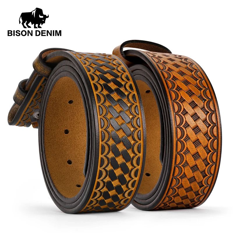 BISON DENIM Men\'s Leather Belt Without Buckle Western Mens Cowboy Belts For Jeans Two Layer Embossed Cowhide No Buckle Strap