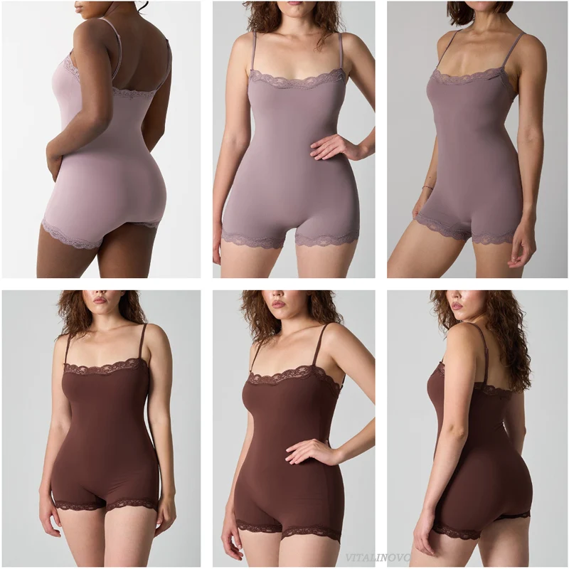 VITALINOVO Damen-Strampler, quadratischer Ausschnitt, Spitzenbesatz, kurzer Strampler, Onesie, ärmellos, Spaghettiträger, quadratischer Ausschnitt, Tank-Top, einteiliger Pyjama – Detail 8
