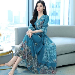 Chiffon Dress Women's 2023 Summer New Style V-Neck Long Dress with Ruffled Cuffs And Waist Wrapped Print Dress Big Swing Dresse