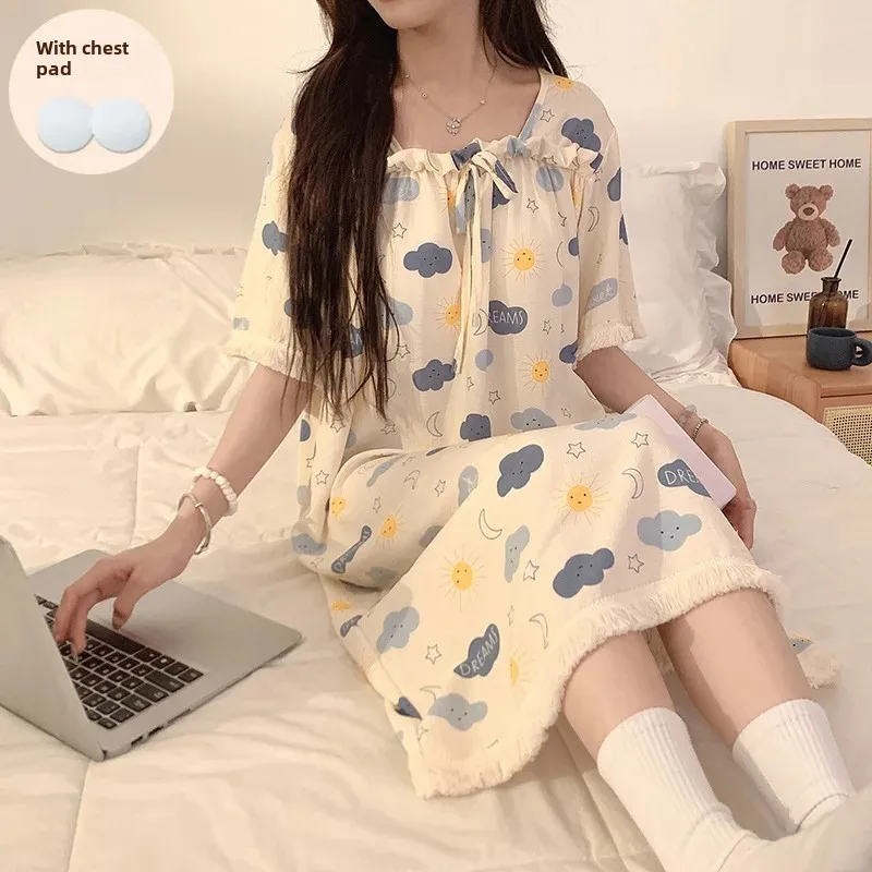 Summer Loose-fit Nightgown Sleepshirt Women's Medium-length Cotton Chest Pad Princess Style Home Clothes Square Collar