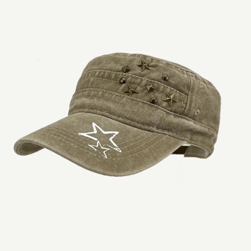 

Retro Washed Vintage Star Studded Duckbill Cap Men Women Versatile Spring Summer Street Flat Top Curved Brim Military Cowboy Hat