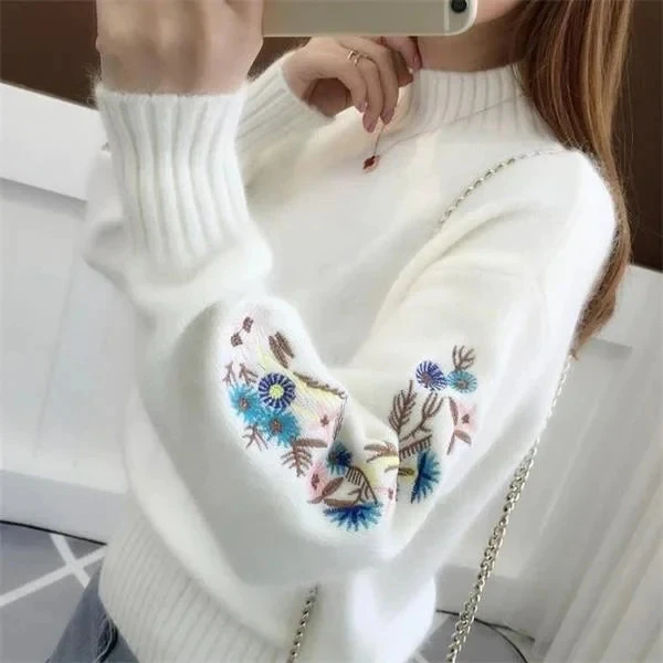 Women Knitted Sweater Floral Embroidery Thick Sweater Pullovers2023 Autumn Winter New Long Sleeve Turleneck Sweaters