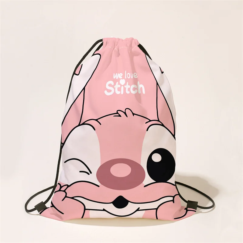 Nuevo Anime Disney Stitch impreso piel de melocotón bolso con cordón Kawaii Lilo Stitch estudiante mochila portátil bolsa de regalos de dibujos animados