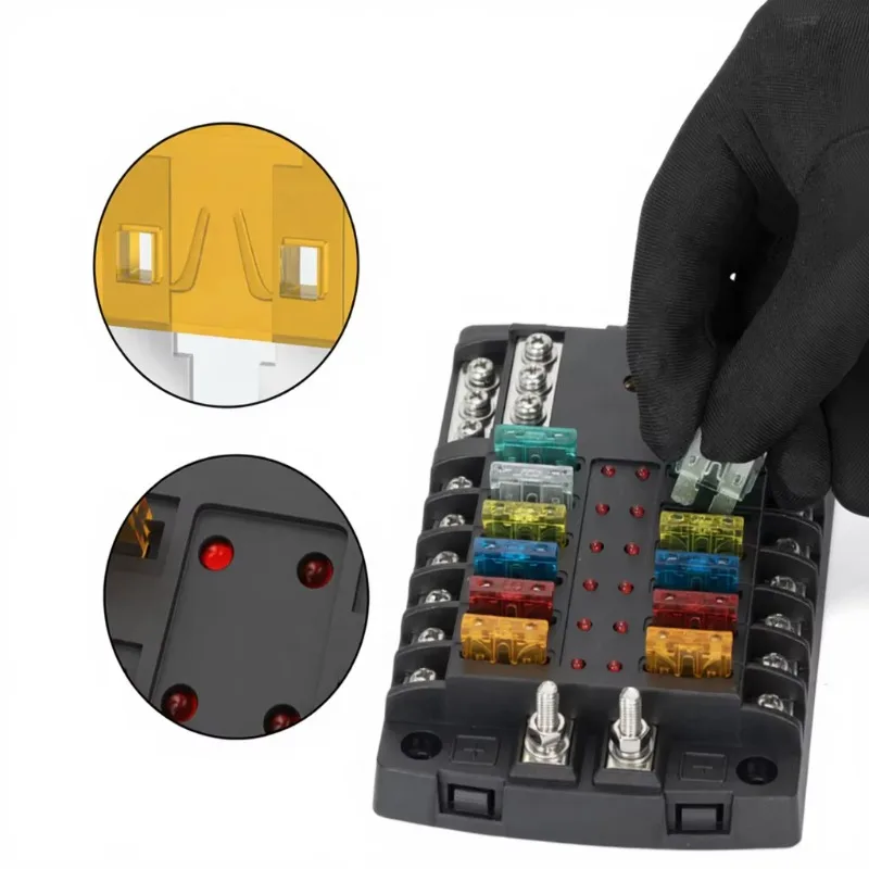 12 way blade type branching fuse box terminal post/2 positive and 1 negative busbars