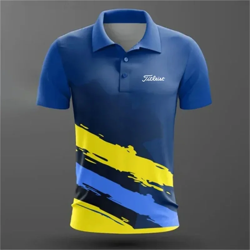 Polo de manga curta masculino, roupa respirável casual, esporte de golfe e tênis, tops versáteis com gola, rua exterior, verão, novo