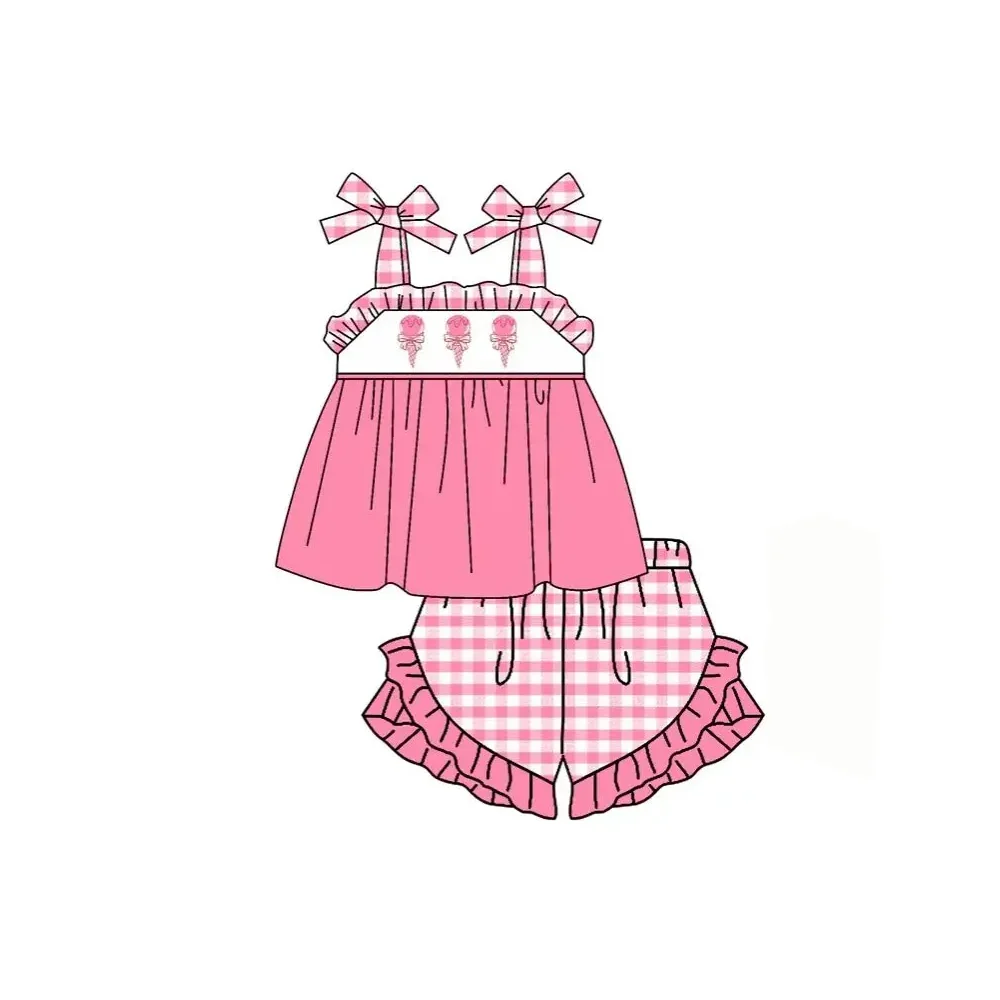 Summer Pink Plaid Baby Bubble Romper Matching Toddler Sibling Girls Dresses Boutique Ice-Cream Print Children Clothing