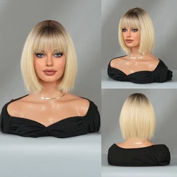 PARK YUN Blonde Wig Loose Middle With Bangs Part Beige Wigs With Dark Roots High Density Synthetic Layered Hair Wigs For Women