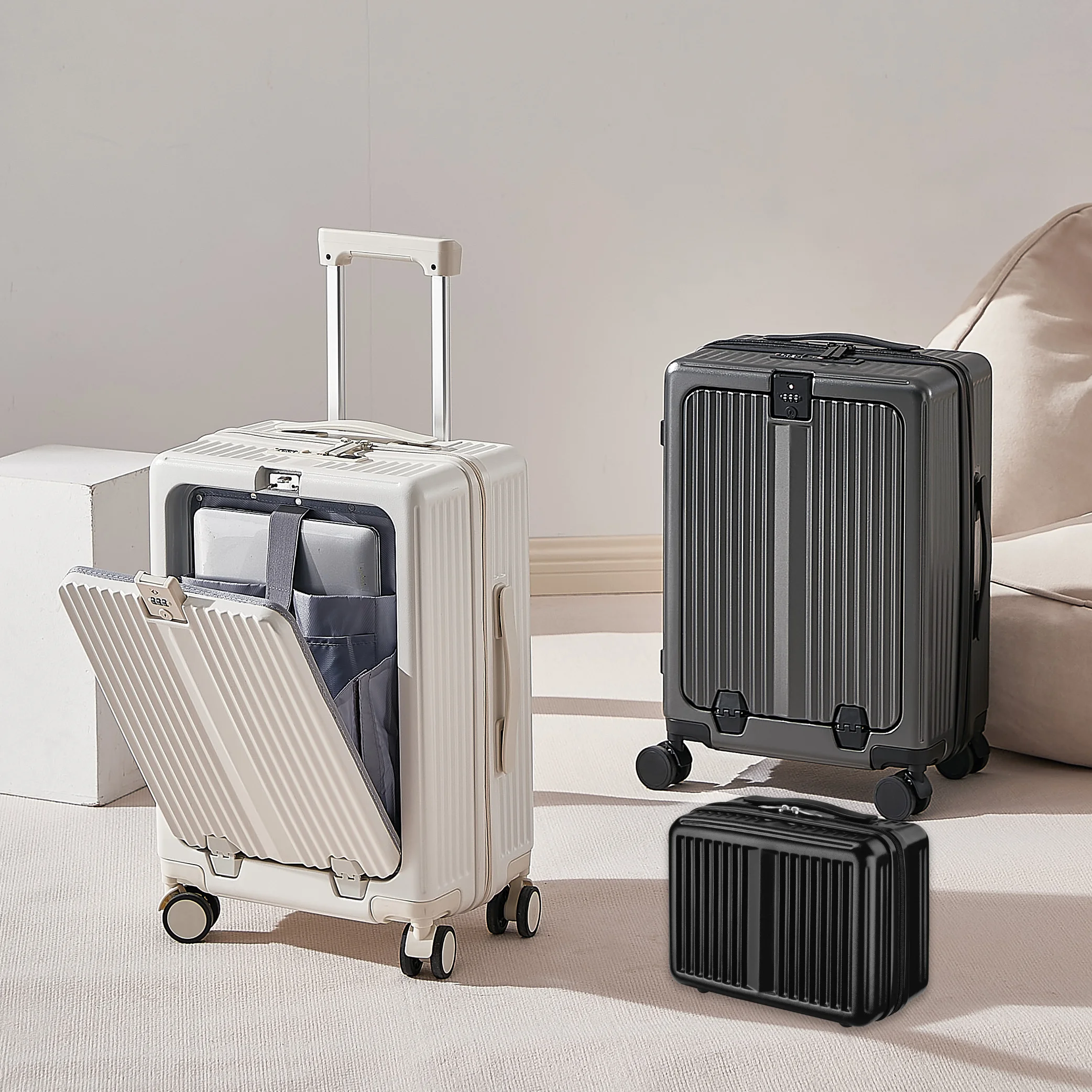 Pressure-resistant three-piece PC luggage with front opening pockets and sturdy silent spinner wheels